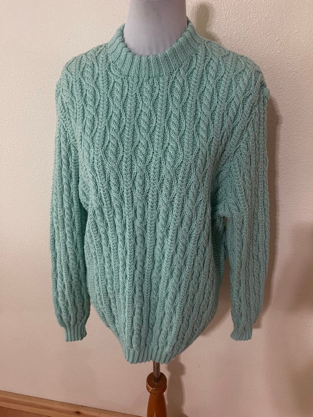 Handknit handmade seafoam green cable knit chunky pullover sweater WOMENS XL
